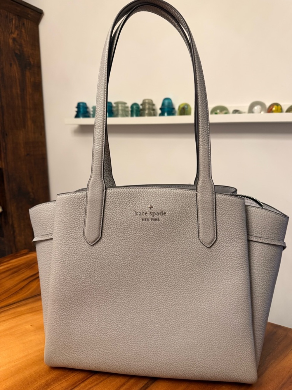 Kate Spade Dumpling Pebbled Medium Leather Tote Bag in Light Gray NWT